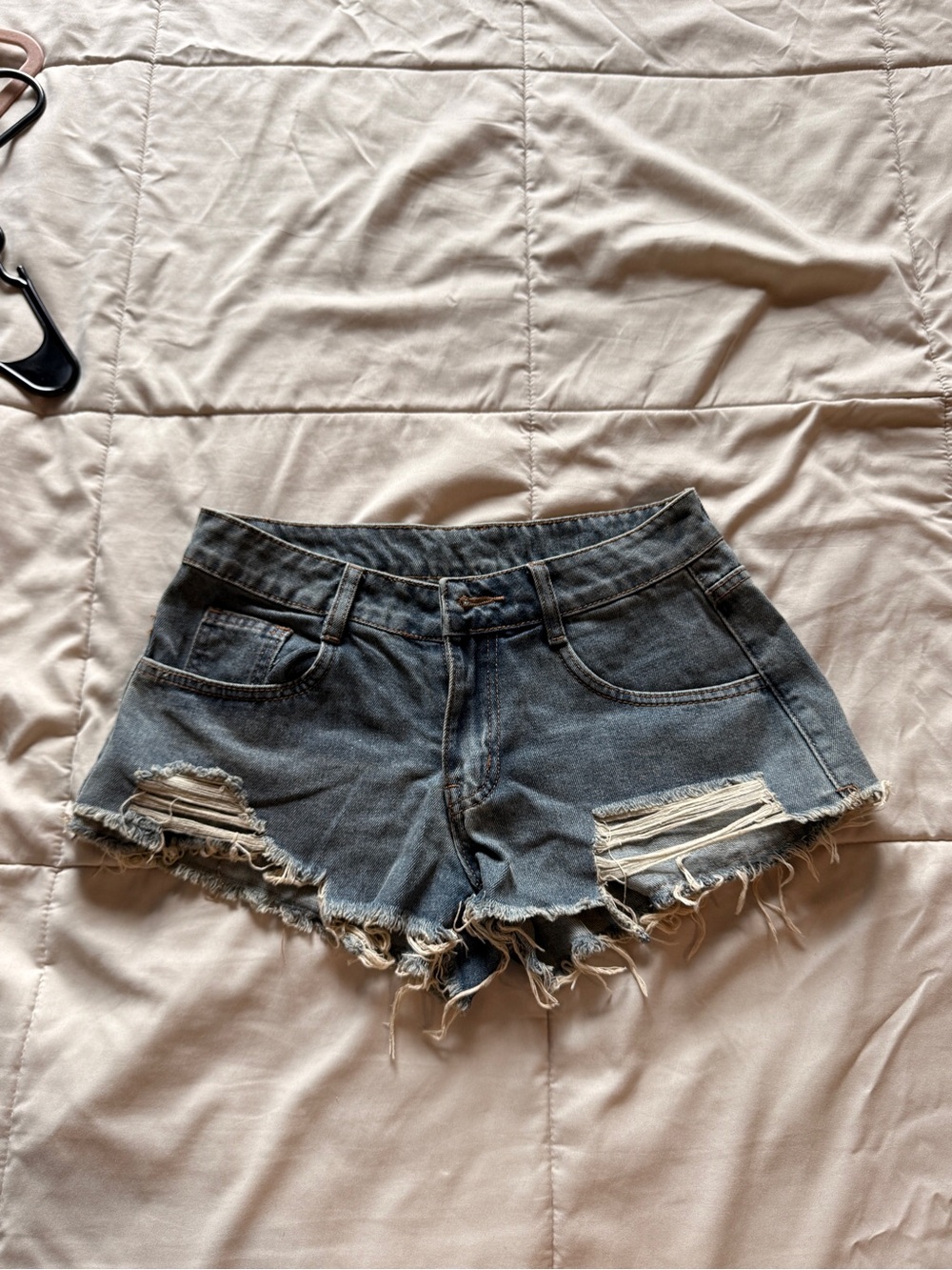Distressed High-Rise Denim Shorts - Dark Blue